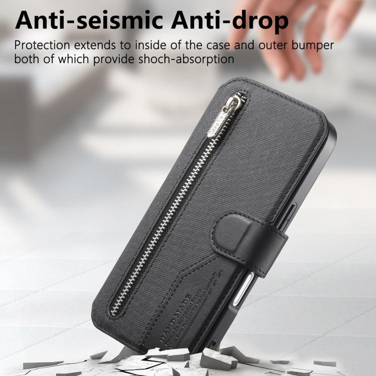 Portafoglio in pelle con cerniera, protezione antifurto MagSafe RFID in tessuto twill, custodia per telefono con cerniera., For iPhone 16, For iPhone 15 Pro Max, For iPhone 15 Pro, For iPhone 15 Plus