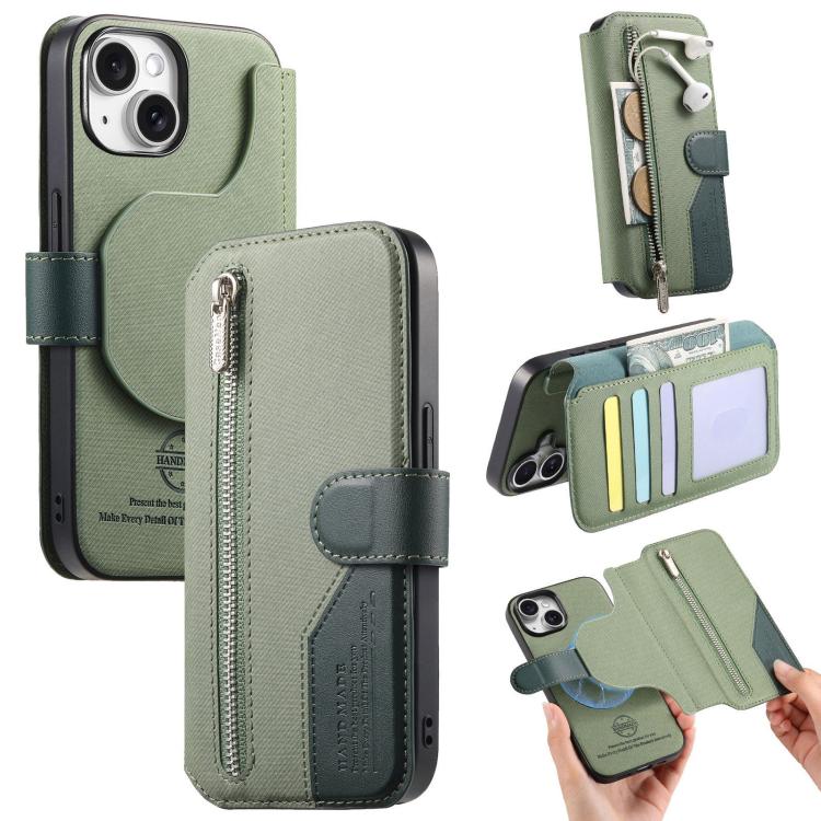 Portafoglio in pelle con cerniera, protezione antifurto MagSafe RFID in tessuto twill, custodia per telefono con cerniera., For iPhone 16, For iPhone 15 Pro Max, For iPhone 15 Pro, For iPhone 15 Plus