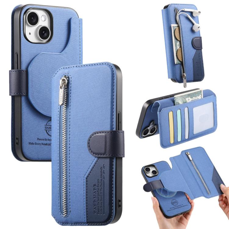 Portafoglio in pelle con cerniera, protezione antifurto MagSafe RFID in tessuto twill, custodia per telefono con cerniera., For iPhone 15, For iPhone 14 Plus, For iPhone 14, For iPhone 14 Pro