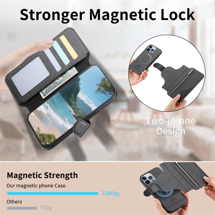 Portafoglio in pelle con cerniera, protezione antifurto MagSafe RFID in tessuto twill, custodia per telefono con cerniera., For iPhone 14 Pro Max, For iPhone 13 Pro Max, For iPhone 13 Pro, For iPhone 13