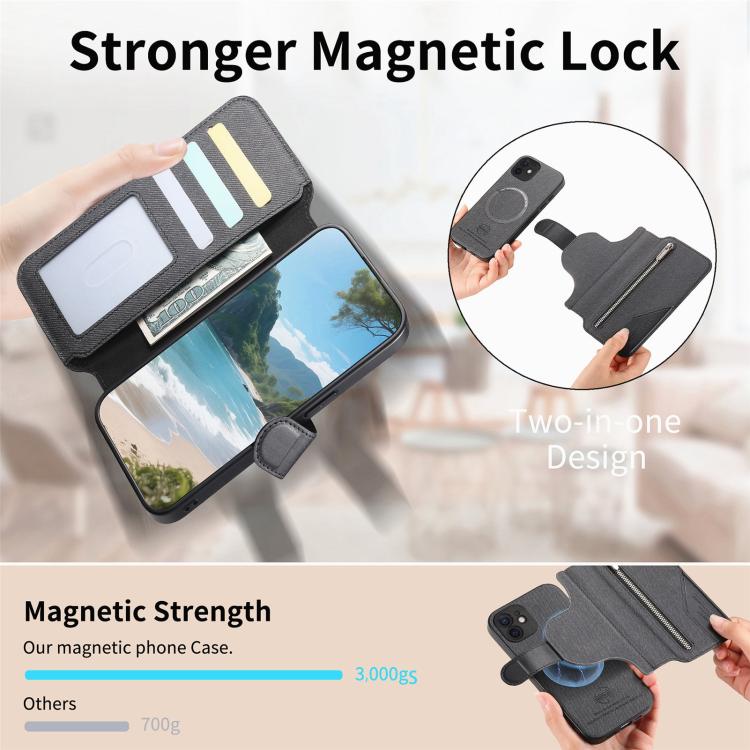 Portafoglio in pelle con cerniera, protezione antifurto MagSafe RFID in tessuto twill, custodia per telefono con cerniera., For iPhone 12, For iPhone 12 Pro Max, For iPhone 12 Pro, For iPhone 11