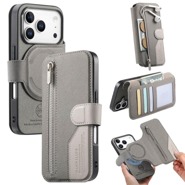 Portafoglio in pelle con cerniera, protezione antifurto MagSafe RFID in tessuto twill, custodia per telefono con cerniera., For iPhone 17e / 16e, For iPhone 17 Pro Max, For iPhone 17 Pro, For iPhone 17