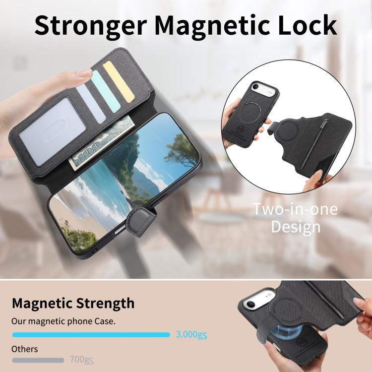 Portafoglio in pelle con cerniera, protezione antifurto MagSafe RFID in tessuto twill, custodia per telefono con cerniera., For iPhone Air, For iPhone 16 Pro Max, For iPhone 16 Pro, For iPhone 16 Plus