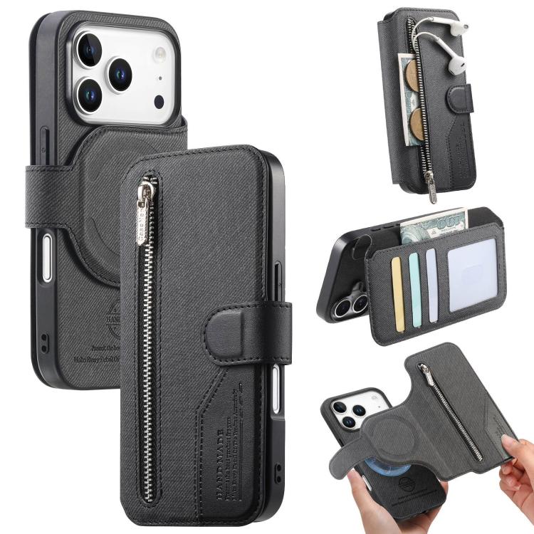 Portafoglio in pelle con cerniera, protezione antifurto MagSafe RFID in tessuto twill, custodia per telefono con cerniera., For iPhone 17e / 16e, For iPhone 17 Pro Max, For iPhone 17 Pro, For iPhone 17
