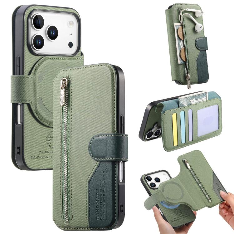 Portafoglio in pelle con cerniera, protezione antifurto MagSafe RFID in tessuto twill, custodia per telefono con cerniera., For iPhone 17e / 16e, For iPhone 17 Pro Max, For iPhone 17 Pro, For iPhone 17