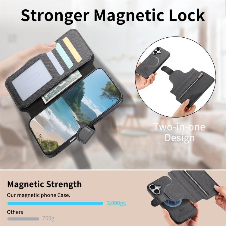 Portafoglio in pelle con cerniera, protezione antifurto MagSafe RFID in tessuto twill, custodia per telefono con cerniera., For iPhone 17e / 16e, For iPhone 17 Pro Max, For iPhone 17 Pro, For iPhone 17