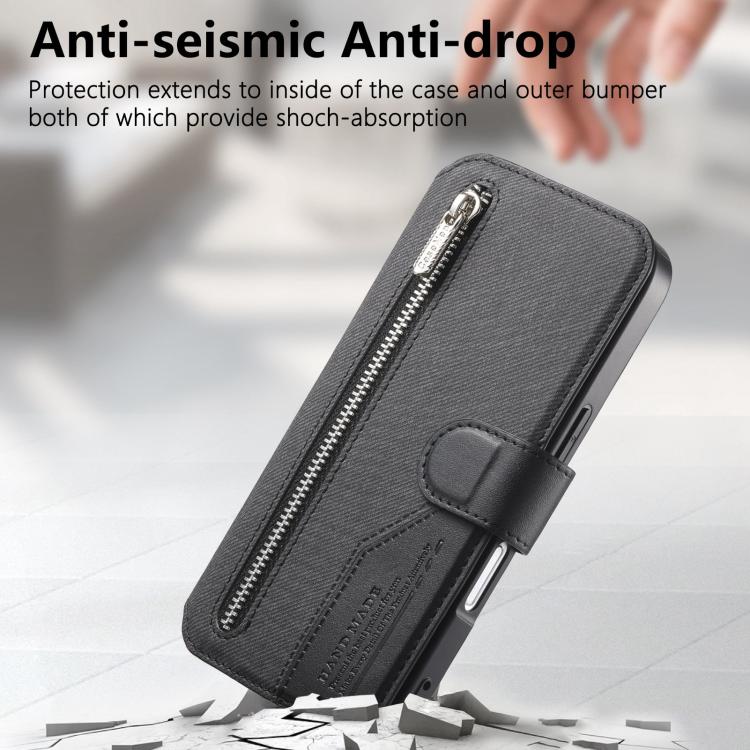 Portafoglio in pelle con cerniera, protezione antifurto MagSafe RFID in tessuto twill, custodia per telefono con cerniera., For iPhone 17e / 16e, For iPhone 17 Pro Max, For iPhone 17 Pro, For iPhone 17