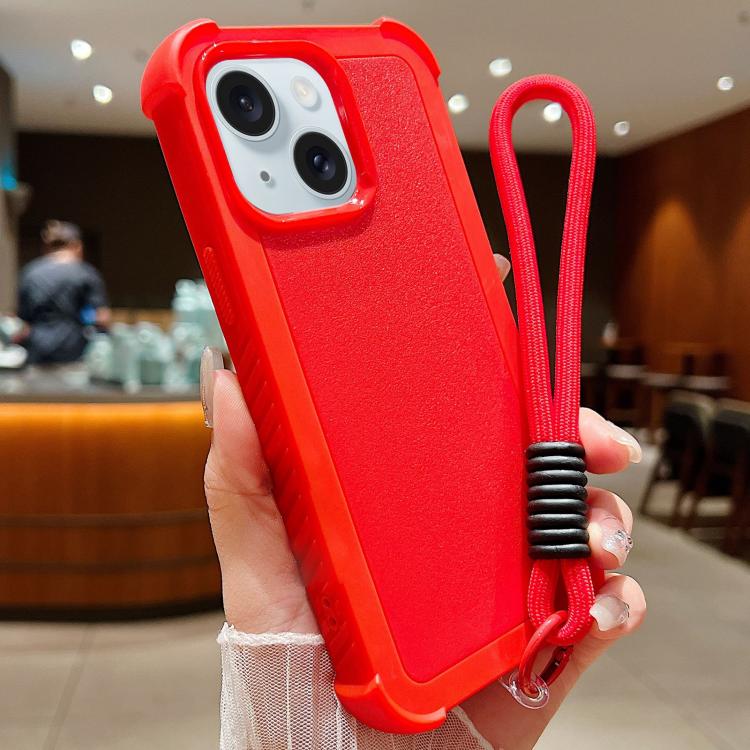 Custodia per telefono antiurto ibrida in TPU e PC a tinta unita con cinturino da polso, For iPhone 15 Pro Max, For iPhone 15 Pro, For iPhone 15 Plus, For iPhone 15