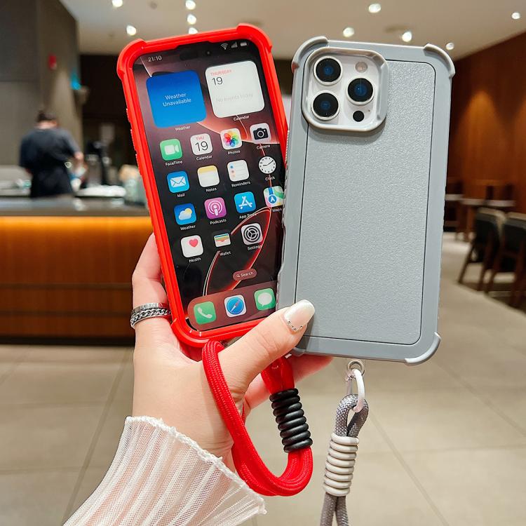 Custodia per telefono antiurto ibrida in TPU e PC a tinta unita con cinturino da polso, For iPhone 16 Pro Max, For iPhone 16 Pro, For iPhone 16 Plus, For iPhone 16