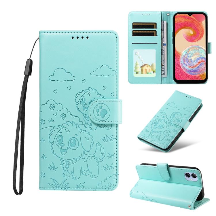 Portafoglio in pelle con protezione RFID e ciondolo a forma di cuore in rilievo con cane., For Galaxy A25 5G Global, For Galaxy A24 4G, For Galaxy A23 4G / 5G, For Galaxy A04e 4G / F04