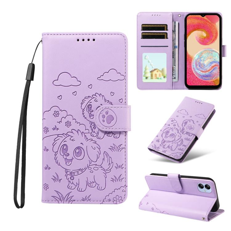 Portafoglio in pelle con protezione RFID e ciondolo a forma di cuore in rilievo con cane., For Galaxy A25 5G Global, For Galaxy A24 4G, For Galaxy A23 4G / 5G, For Galaxy A04e 4G / F04