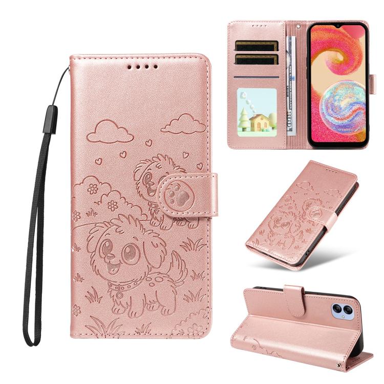 Portafoglio in pelle con protezione RFID e ciondolo a forma di cuore in rilievo con cane., For Galaxy A25 5G Global, For Galaxy A24 4G, For Galaxy A23 4G / 5G, For Galaxy A04e 4G / F04