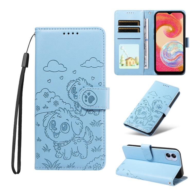 Portafoglio in pelle con protezione RFID e ciondolo a forma di cuore in rilievo con cane., For Galaxy A25 5G Global, For Galaxy A24 4G, For Galaxy A23 4G / 5G, For Galaxy A04e 4G / F04