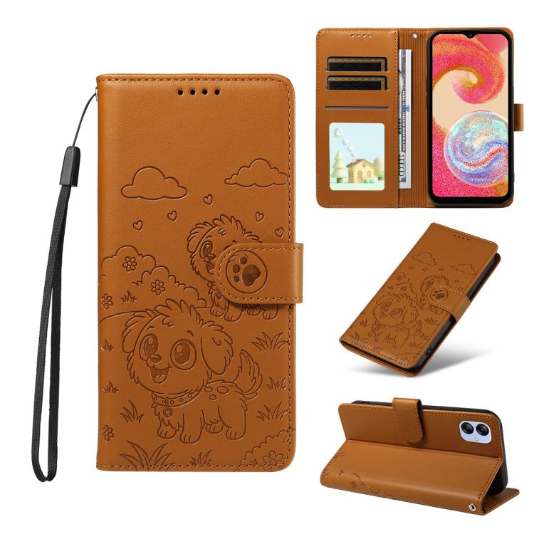 Portafoglio in pelle con protezione RFID e ciondolo a forma di cuore in rilievo con cane., For Galaxy A25 5G Global, For Galaxy A24 4G, For Galaxy A23 4G / 5G, For Galaxy A04e 4G / F04