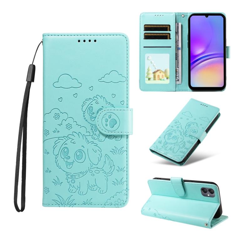 Portafoglio in pelle con protezione RFID e ciondolo a forma di cuore in rilievo con cane., For Galaxy A55 5G, For Galaxy A35 5G, For Galaxy A05, For Galaxy A05s