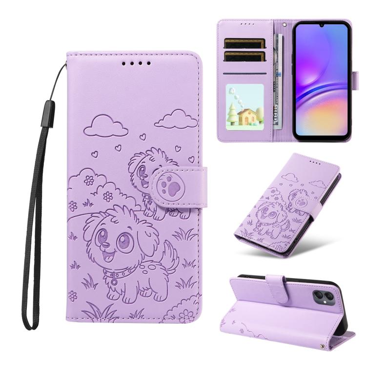 Portafoglio in pelle con protezione RFID e ciondolo a forma di cuore in rilievo con cane., For Galaxy A55 5G, For Galaxy A35 5G, For Galaxy A05, For Galaxy A05s