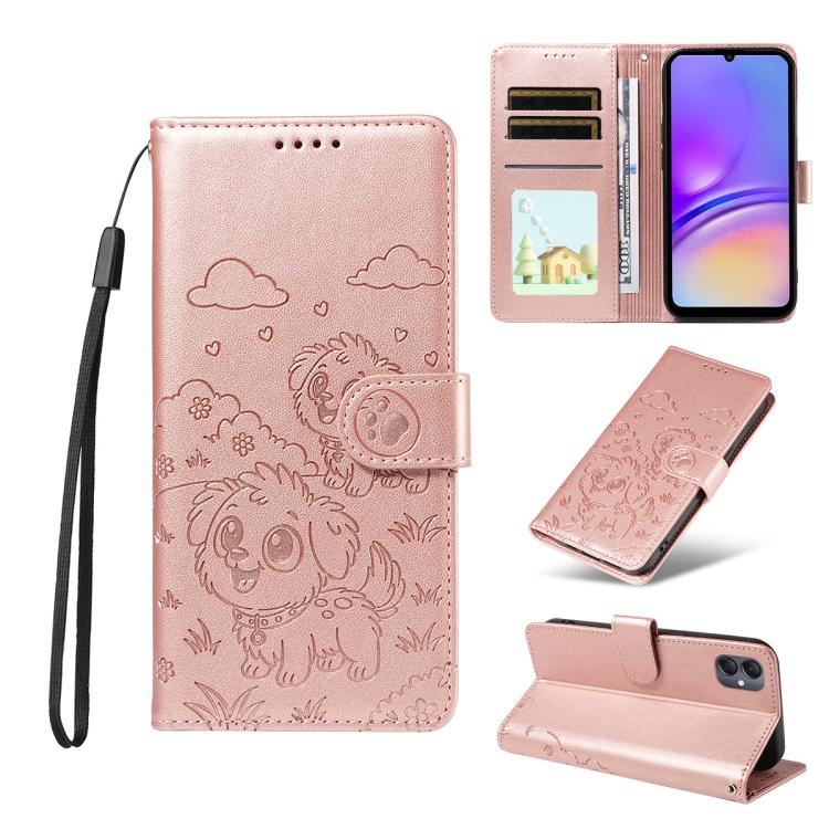 Portafoglio in pelle con protezione RFID e ciondolo a forma di cuore in rilievo con cane., For Galaxy A55 5G, For Galaxy A35 5G, For Galaxy A05, For Galaxy A05s