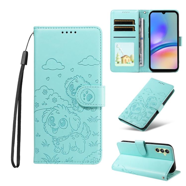 Portafoglio in pelle con protezione RFID e ciondolo a forma di cuore in rilievo con cane., For Galaxy A55 5G, For Galaxy A35 5G, For Galaxy A05, For Galaxy A05s
