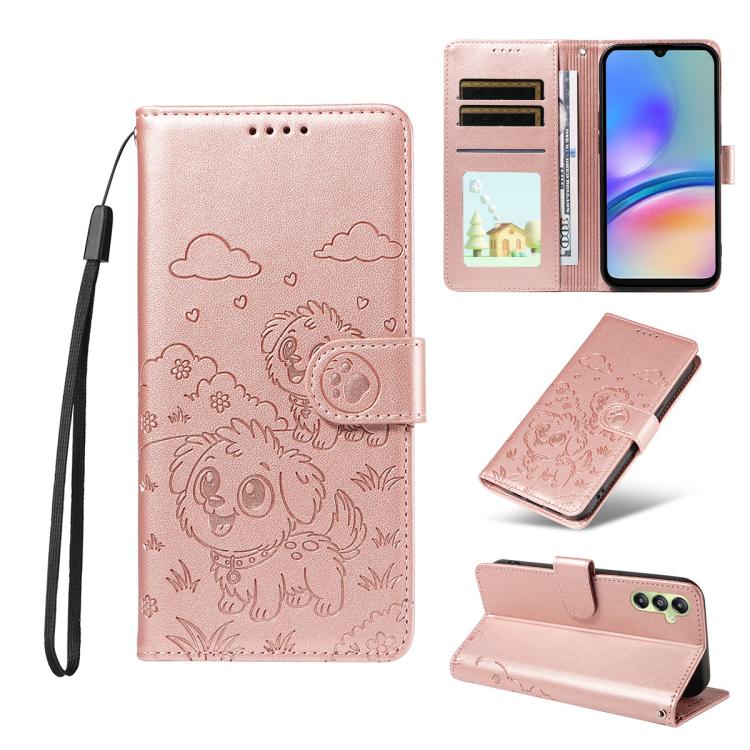 Portafoglio in pelle con protezione RFID e ciondolo a forma di cuore in rilievo con cane., For Galaxy A55 5G, For Galaxy A35 5G, For Galaxy A05, For Galaxy A05s