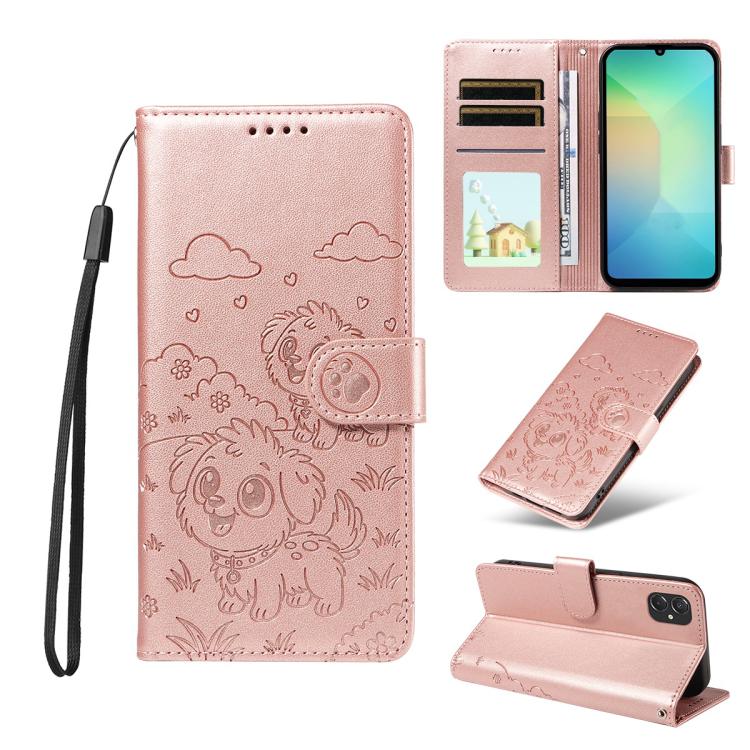 Portafoglio in pelle con protezione RFID e ciondolo a forma di cuore in rilievo con cane., For Galaxy A06 / A07, For Galaxy A56 5G, For Galaxy A36 5G, For Galaxy A15 4G / 5G