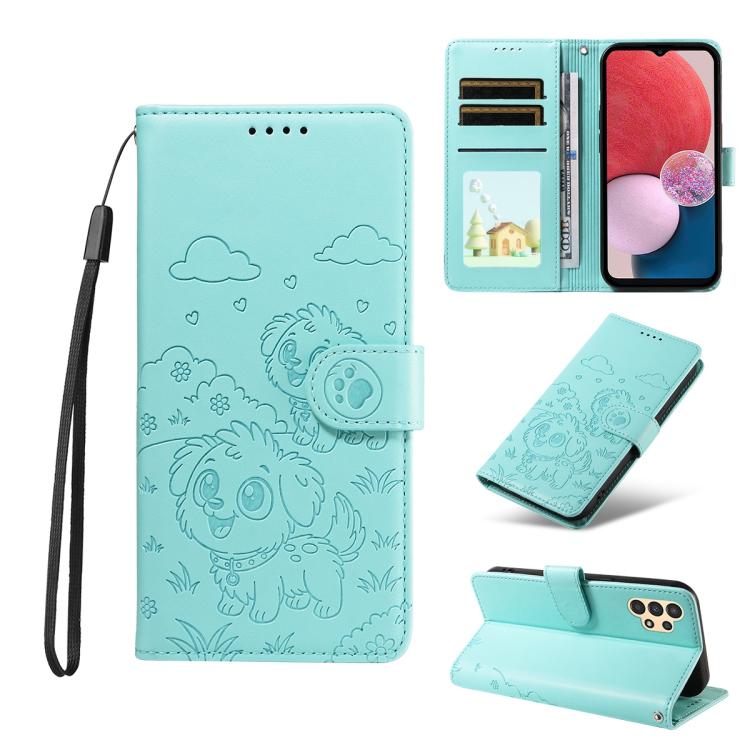 Portafoglio in pelle con protezione RFID e ciondolo a forma di cuore in rilievo con cane., For Galaxy A14 4G / 5G, For Galaxy A34 5G, For Galaxy A54 5G, For Galaxy A13 4G / 5G