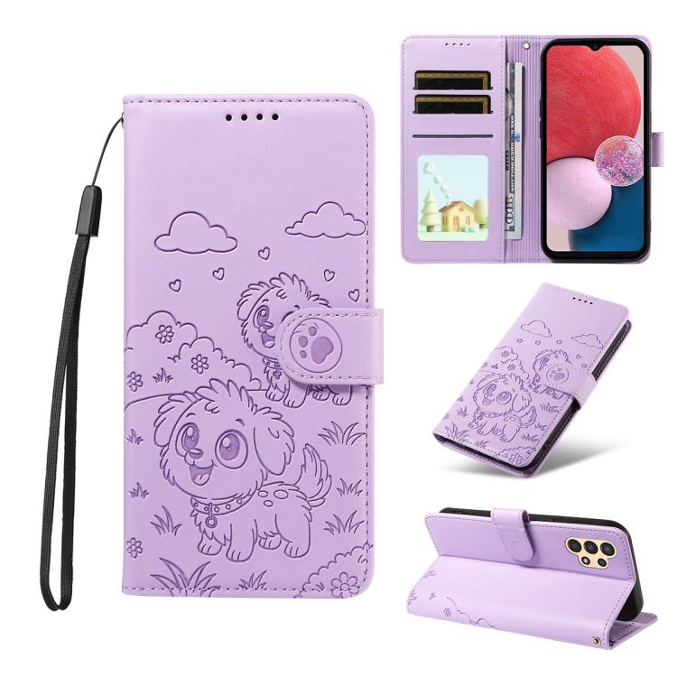 Portafoglio in pelle con protezione RFID e ciondolo a forma di cuore in rilievo con cane., For Galaxy A14 4G / 5G, For Galaxy A34 5G, For Galaxy A54 5G, For Galaxy A13 4G / 5G