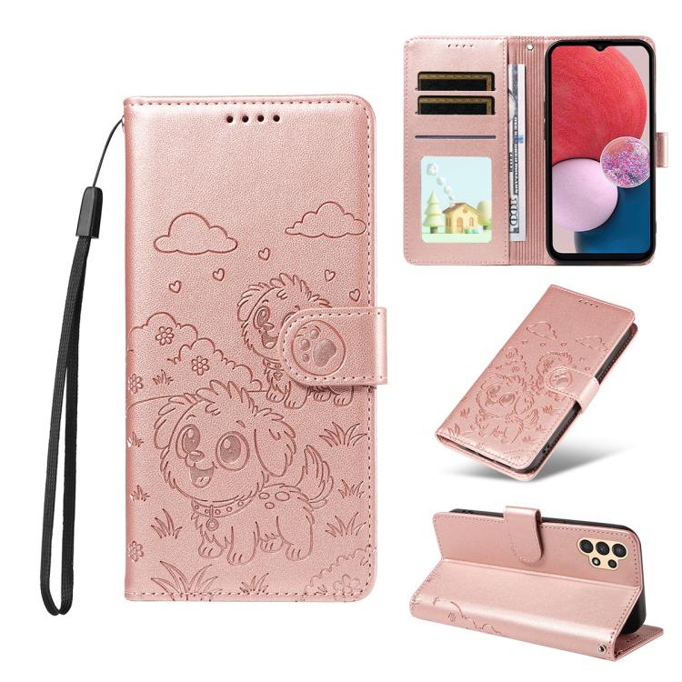 Portafoglio in pelle con protezione RFID e ciondolo a forma di cuore in rilievo con cane., For Galaxy A14 4G / 5G, For Galaxy A34 5G, For Galaxy A54 5G, For Galaxy A13 4G / 5G