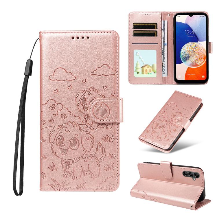 Portafoglio in pelle con protezione RFID e ciondolo a forma di cuore in rilievo con cane., For Galaxy A14 4G / 5G, For Galaxy A34 5G, For Galaxy A54 5G, For Galaxy A13 4G / 5G