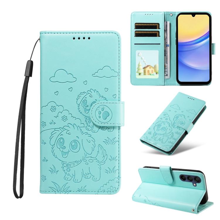 Portafoglio in pelle con protezione RFID e ciondolo a forma di cuore in rilievo con cane., For Galaxy A06 / A07, For Galaxy A56 5G, For Galaxy A36 5G, For Galaxy A15 4G / 5G