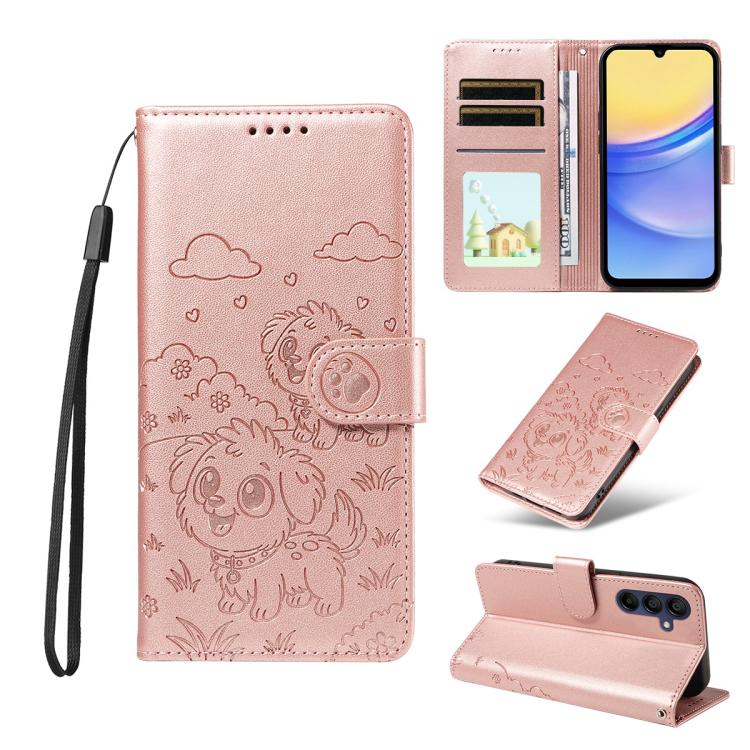 Portafoglio in pelle con protezione RFID e ciondolo a forma di cuore in rilievo con cane., For Galaxy A06 / A07, For Galaxy A56 5G, For Galaxy A36 5G, For Galaxy A15 4G / 5G