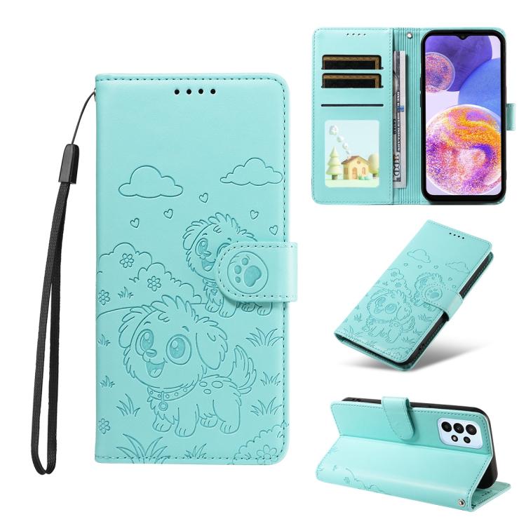 Portafoglio in pelle con protezione RFID e ciondolo a forma di cuore in rilievo con cane., For Galaxy A25 5G Global, For Galaxy A24 4G, For Galaxy A23 4G / 5G, For Galaxy A04e 4G / F04
