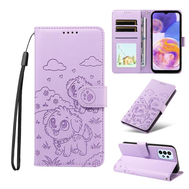 Portafoglio in pelle con protezione RFID e ciondolo a forma di cuore in rilievo con cane., For Galaxy A25 5G Global, For Galaxy A24 4G, For Galaxy A23 4G / 5G, For Galaxy A04e 4G / F04