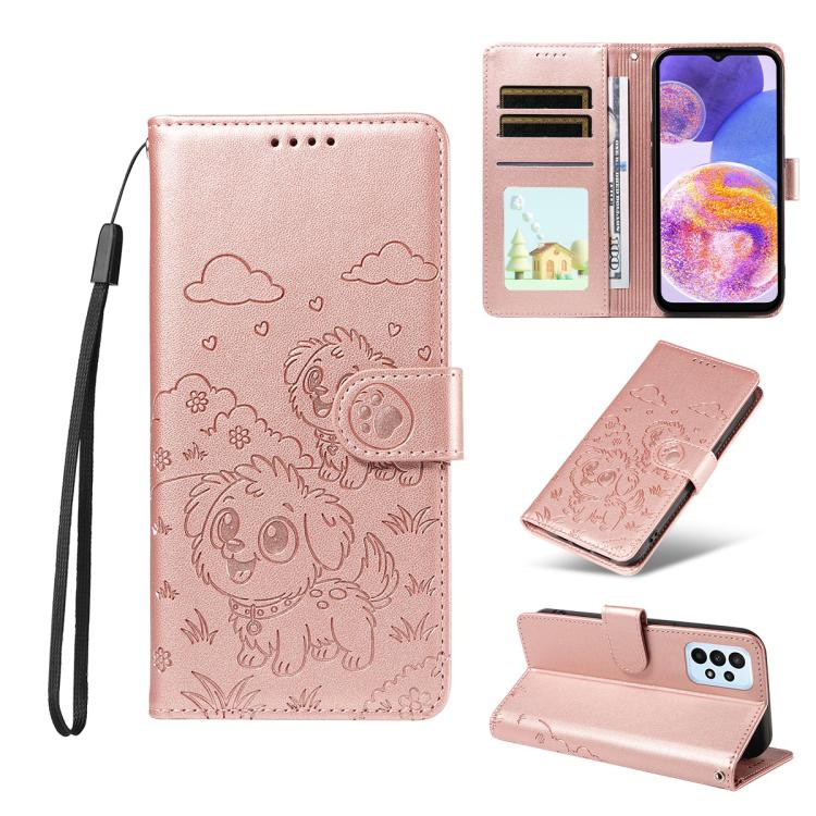Portafoglio in pelle con protezione RFID e ciondolo a forma di cuore in rilievo con cane., For Galaxy A25 5G Global, For Galaxy A24 4G, For Galaxy A23 4G / 5G, For Galaxy A04e 4G / F04