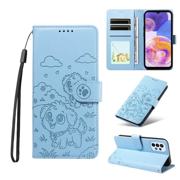 Portafoglio in pelle con protezione RFID e ciondolo a forma di cuore in rilievo con cane., For Galaxy A25 5G Global, For Galaxy A24 4G, For Galaxy A23 4G / 5G, For Galaxy A04e 4G / F04