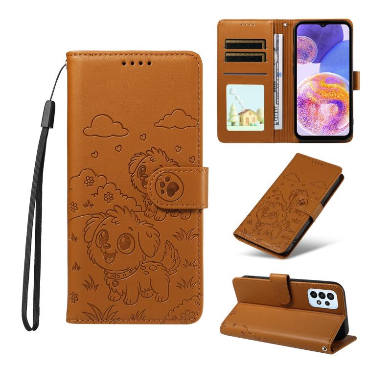 Portafoglio in pelle con protezione RFID e ciondolo a forma di cuore in rilievo con cane., For Galaxy A25 5G Global, For Galaxy A24 4G, For Galaxy A23 4G / 5G, For Galaxy A04e 4G / F04