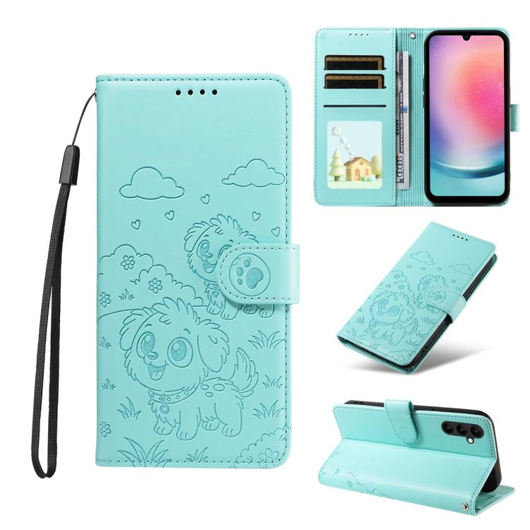Portafoglio in pelle con protezione RFID e ciondolo a forma di cuore in rilievo con cane., For Galaxy A25 5G Global, For Galaxy A24 4G, For Galaxy A23 4G / 5G, For Galaxy A04e 4G / F04