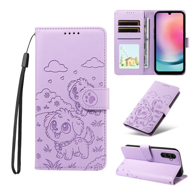 Portafoglio in pelle con protezione RFID e ciondolo a forma di cuore in rilievo con cane., For Galaxy A25 5G Global, For Galaxy A24 4G, For Galaxy A23 4G / 5G, For Galaxy A04e 4G / F04