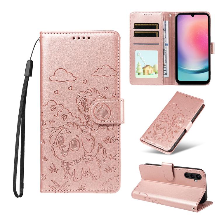 Portafoglio in pelle con protezione RFID e ciondolo a forma di cuore in rilievo con cane., For Galaxy A25 5G Global, For Galaxy A24 4G, For Galaxy A23 4G / 5G, For Galaxy A04e 4G / F04