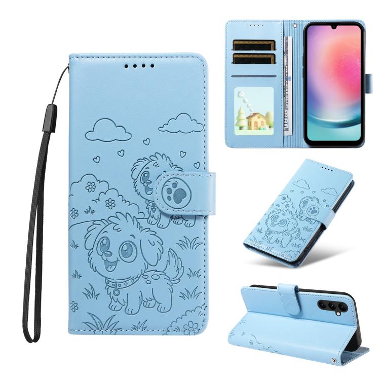 Portafoglio in pelle con protezione RFID e ciondolo a forma di cuore in rilievo con cane., For Galaxy A25 5G Global, For Galaxy A24 4G, For Galaxy A23 4G / 5G, For Galaxy A04e 4G / F04