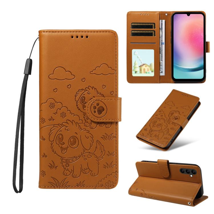 Portafoglio in pelle con protezione RFID e ciondolo a forma di cuore in rilievo con cane., For Galaxy A25 5G Global, For Galaxy A24 4G, For Galaxy A23 4G / 5G, For Galaxy A04e 4G / F04