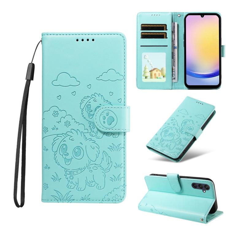 Portafoglio in pelle con protezione RFID e ciondolo a forma di cuore in rilievo con cane., For Galaxy A25 5G Global, For Galaxy A24 4G, For Galaxy A23 4G / 5G, For Galaxy A04e 4G / F04