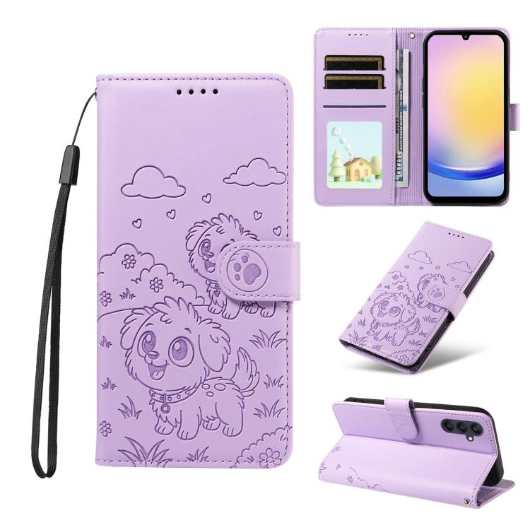 Portafoglio in pelle con protezione RFID e ciondolo a forma di cuore in rilievo con cane., For Galaxy A25 5G Global, For Galaxy A24 4G, For Galaxy A23 4G / 5G, For Galaxy A04e 4G / F04