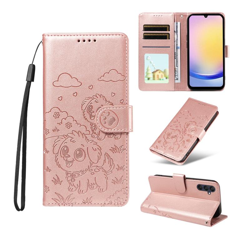 Portafoglio in pelle con protezione RFID e ciondolo a forma di cuore in rilievo con cane., For Galaxy A25 5G Global, For Galaxy A24 4G, For Galaxy A23 4G / 5G, For Galaxy A04e 4G / F04