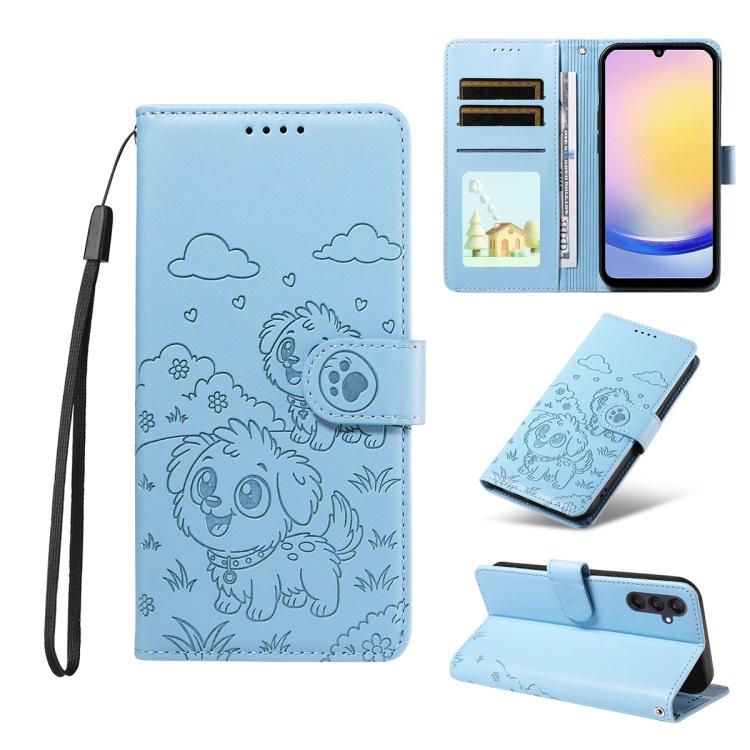 Portafoglio in pelle con protezione RFID e ciondolo a forma di cuore in rilievo con cane., For Galaxy A25 5G Global, For Galaxy A24 4G, For Galaxy A23 4G / 5G, For Galaxy A04e 4G / F04