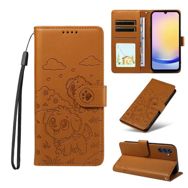 Portafoglio in pelle con protezione RFID e ciondolo a forma di cuore in rilievo con cane., For Galaxy A25 5G Global, For Galaxy A24 4G, For Galaxy A23 4G / 5G, For Galaxy A04e 4G / F04