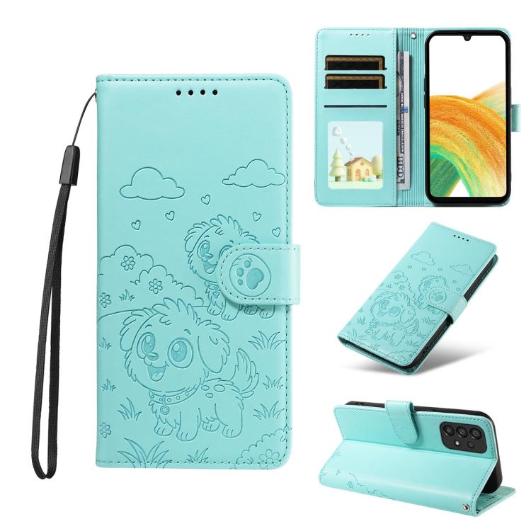 Portafoglio in pelle con protezione RFID e ciondolo a forma di cuore in rilievo con cane., For Galaxy A53 5G, For Galaxy A73 5G, For Galaxy A33 5G