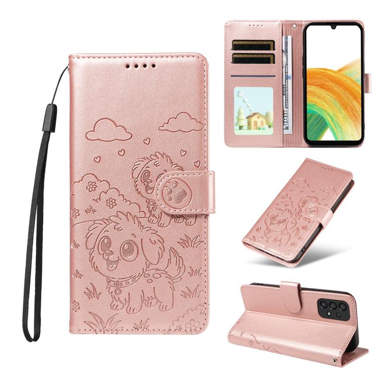 Portafoglio in pelle con protezione RFID e ciondolo a forma di cuore in rilievo con cane., For Galaxy A53 5G, For Galaxy A73 5G, For Galaxy A33 5G