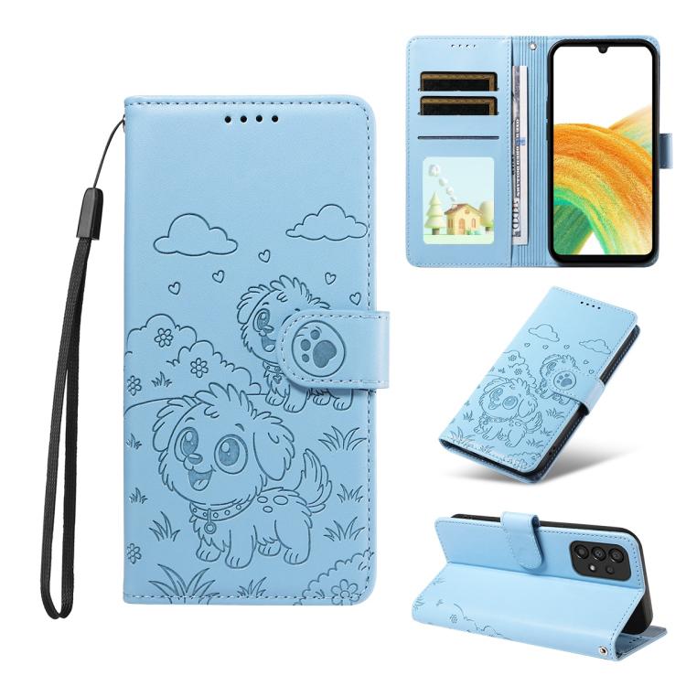 Portafoglio in pelle con protezione RFID e ciondolo a forma di cuore in rilievo con cane., For Galaxy A53 5G, For Galaxy A73 5G, For Galaxy A33 5G