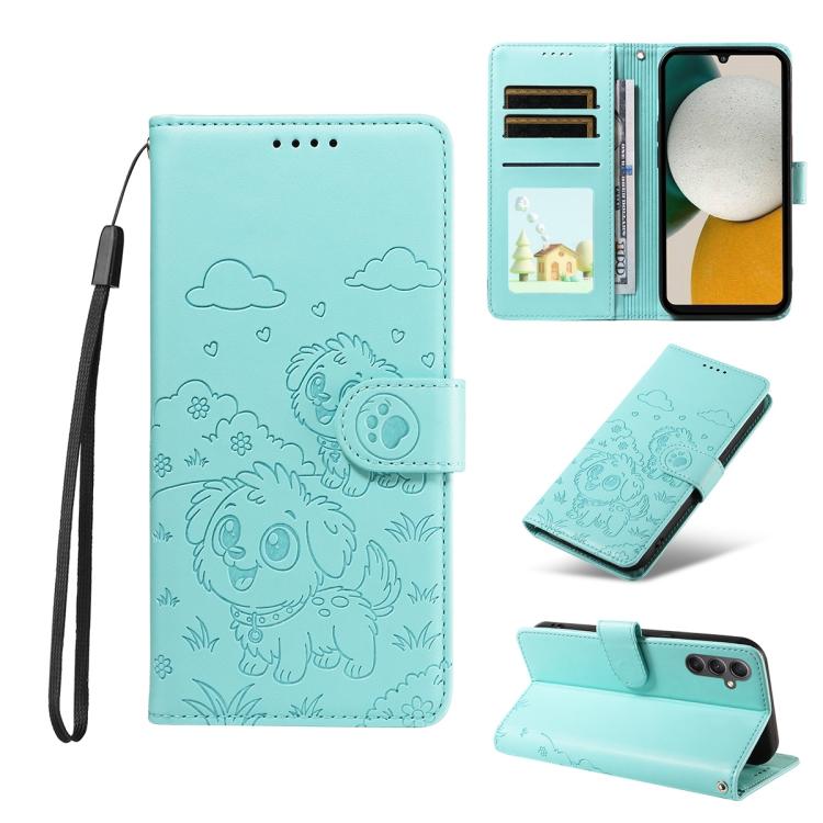 Portafoglio in pelle con protezione RFID e ciondolo a forma di cuore in rilievo con cane., For Galaxy A14 4G / 5G, For Galaxy A34 5G, For Galaxy A54 5G, For Galaxy A13 4G / 5G