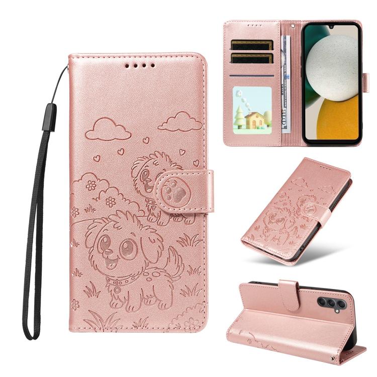 Portafoglio in pelle con protezione RFID e ciondolo a forma di cuore in rilievo con cane., For Galaxy A14 4G / 5G, For Galaxy A34 5G, For Galaxy A54 5G, For Galaxy A13 4G / 5G